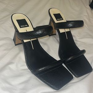 Black snake embossed sandal mules with small heel
